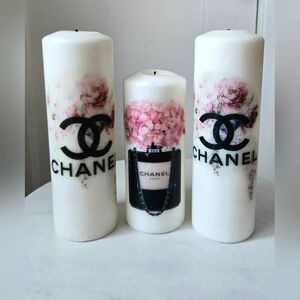 CHANEL White and Pink Decorative Unscented Candles Size: 9.5"/24cm & 7.5"/19cm